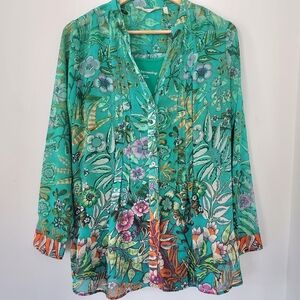 SOFT SURROUNDINGS Med Luau Garden 2 pc Button Tunic & Tank Semi-Sheer Floral EUC